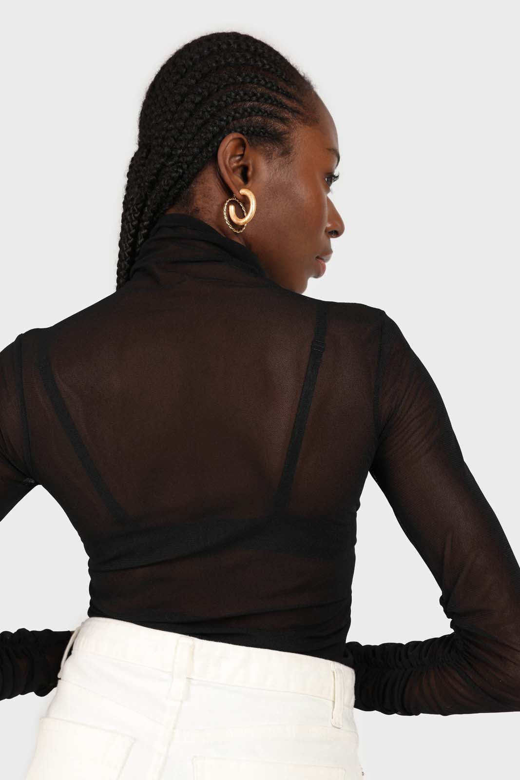 Black sheer shirring sides turtleneck top