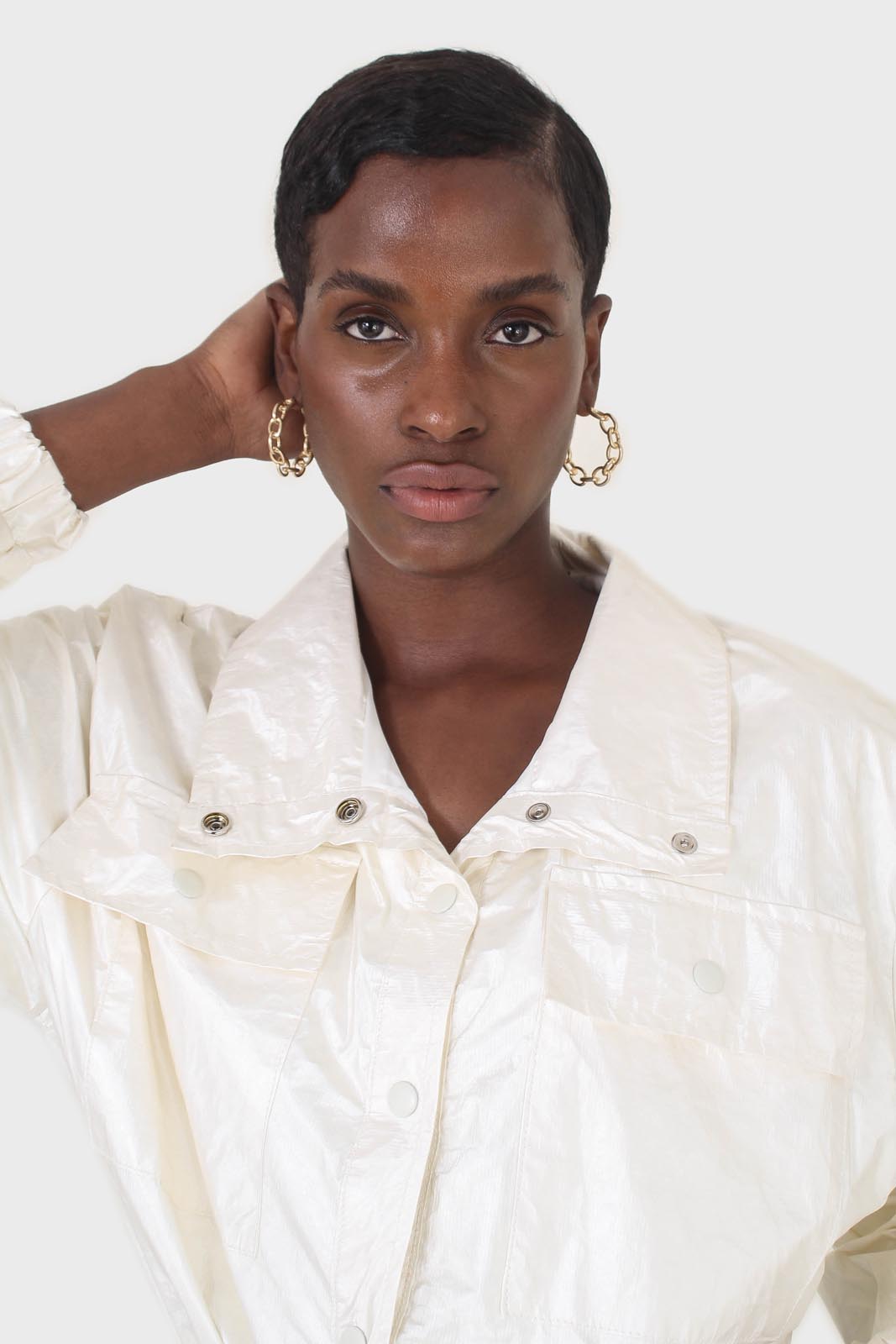 Ivory shiny coated crop blouson jacket
