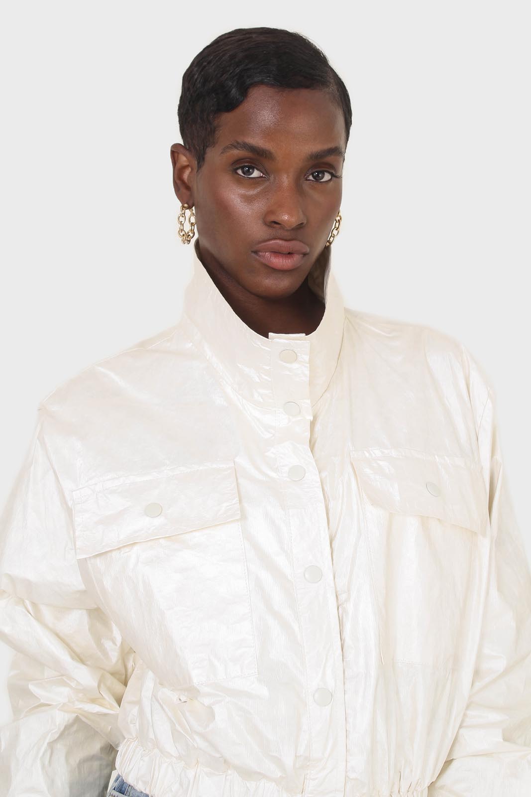 Ivory shiny coated crop blouson jacket