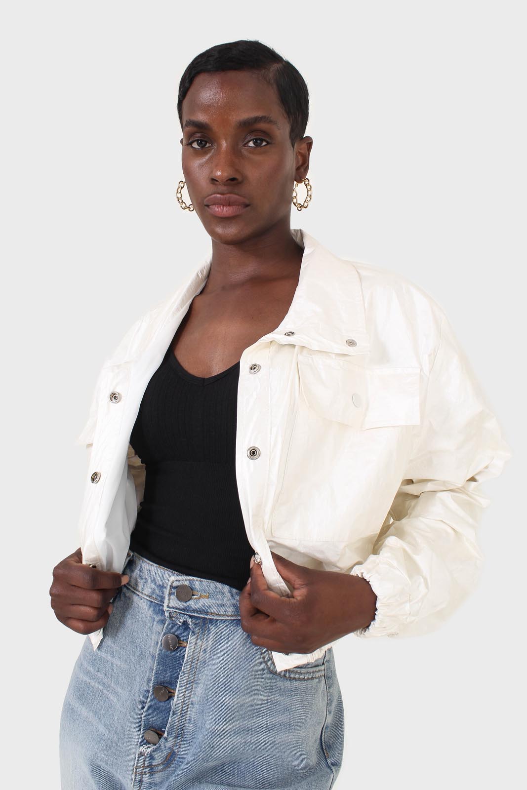 Ivory shiny coated crop blouson jacket