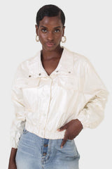 Ivory shiny coated crop blouson jacket