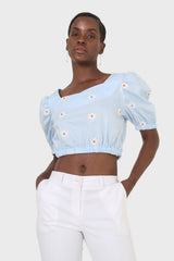 Blue embroidered daisy short sleeved top