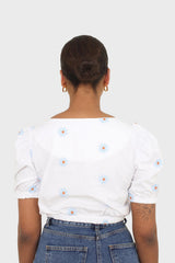 White embroidered daisy short sleeved top
