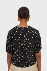 Black daisy print short sleeved blouse