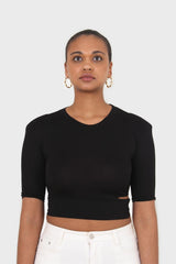 Black side slit padded shoulder tee