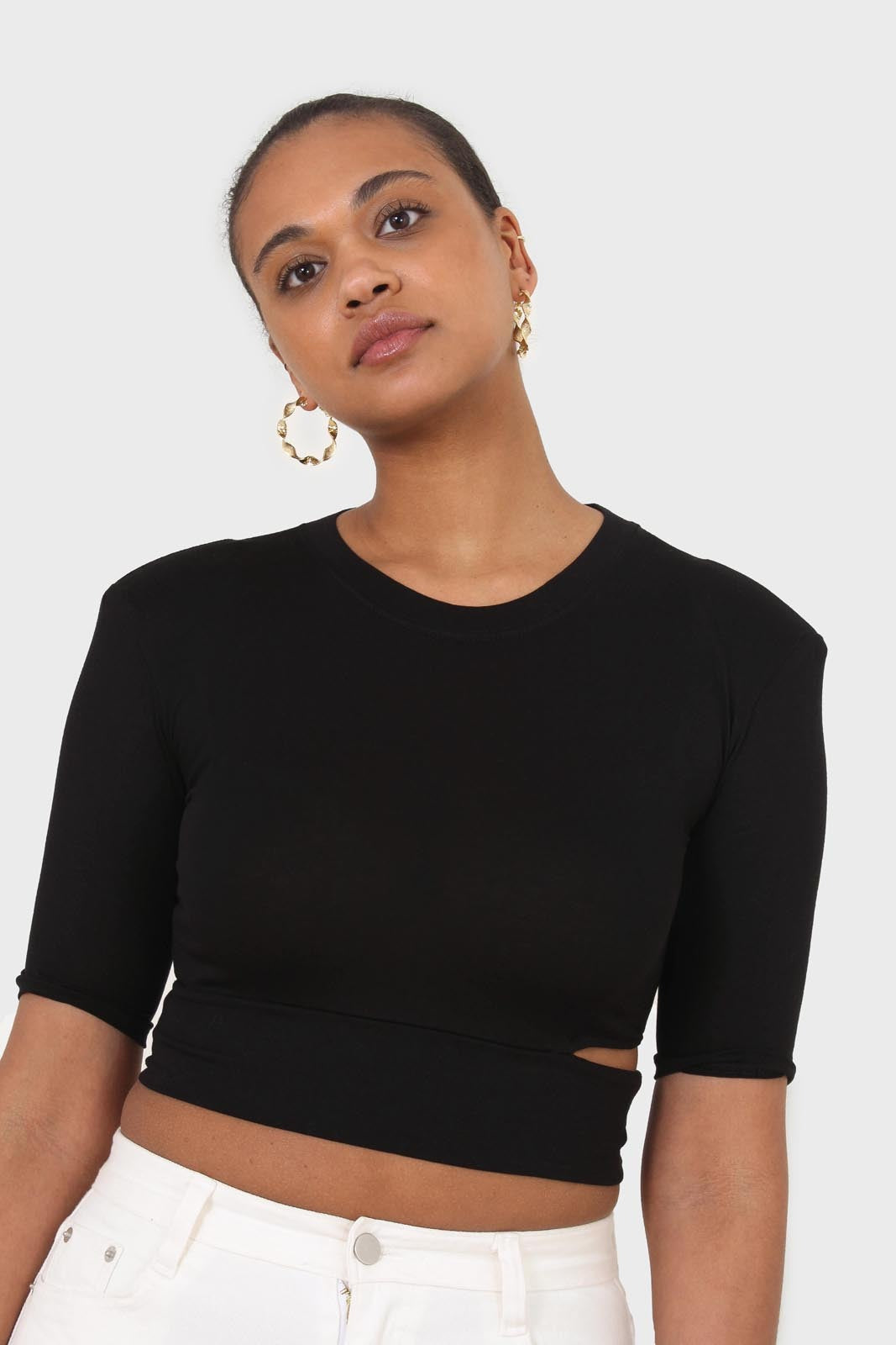 Black side slit padded shoulder tee