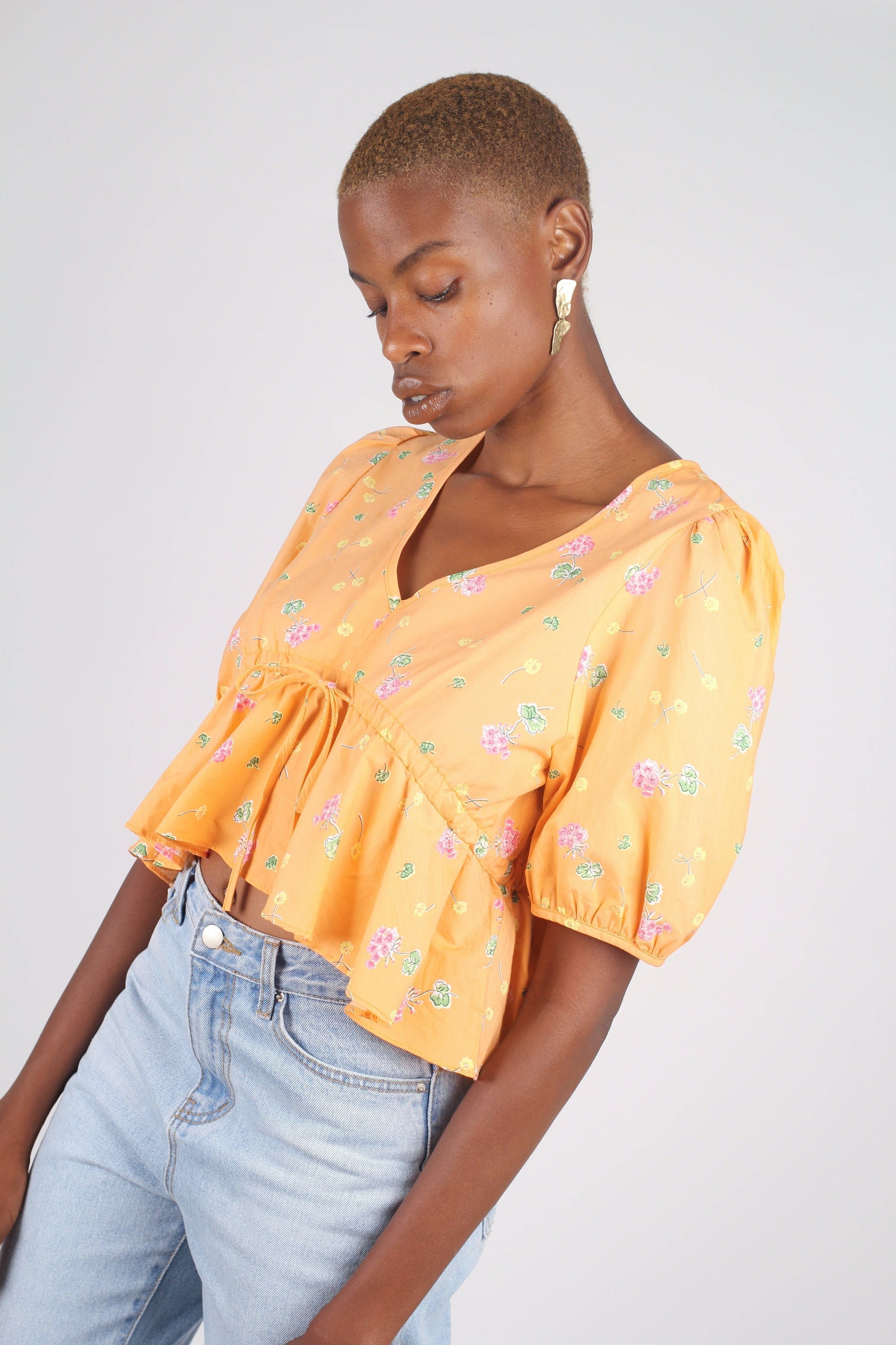 Orange floral print mid cinch blouse