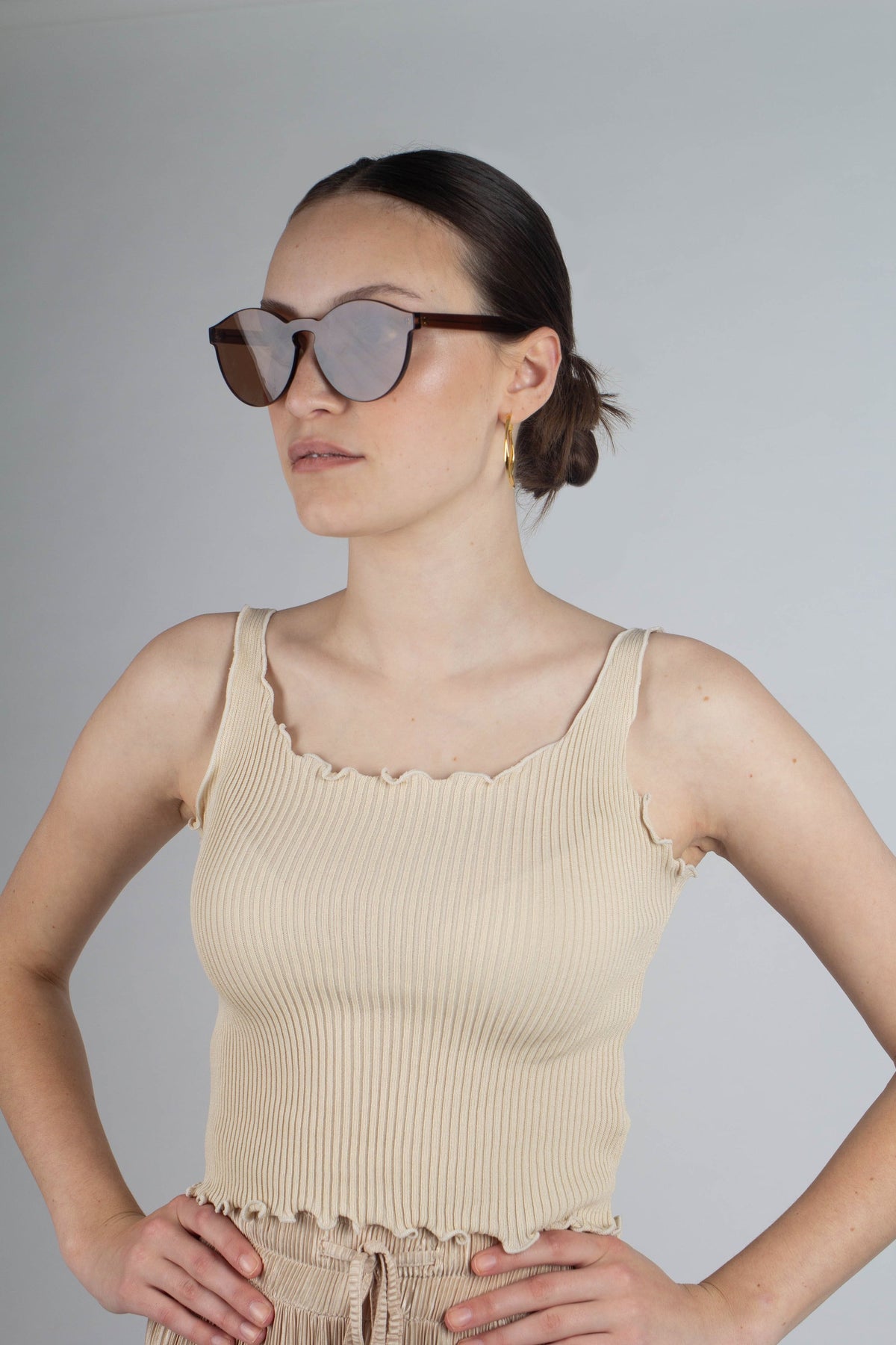 Beige ruffle trim tank top