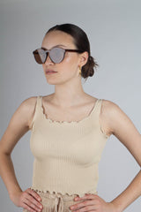 Beige ruffle trim tank top