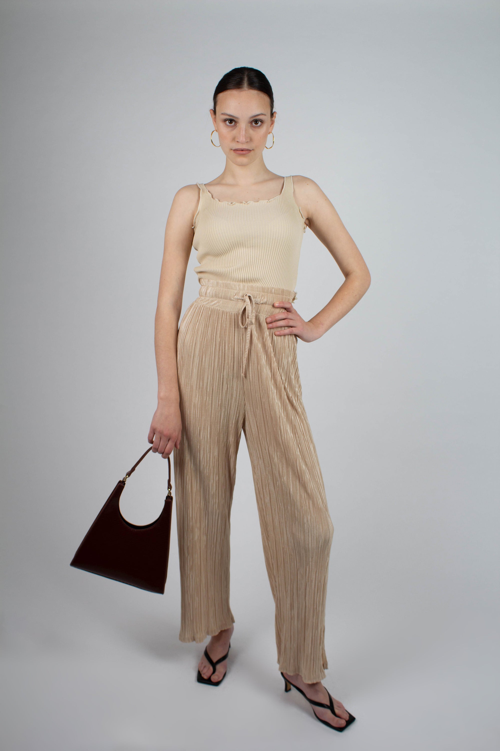 Beige ruffle trim tank top