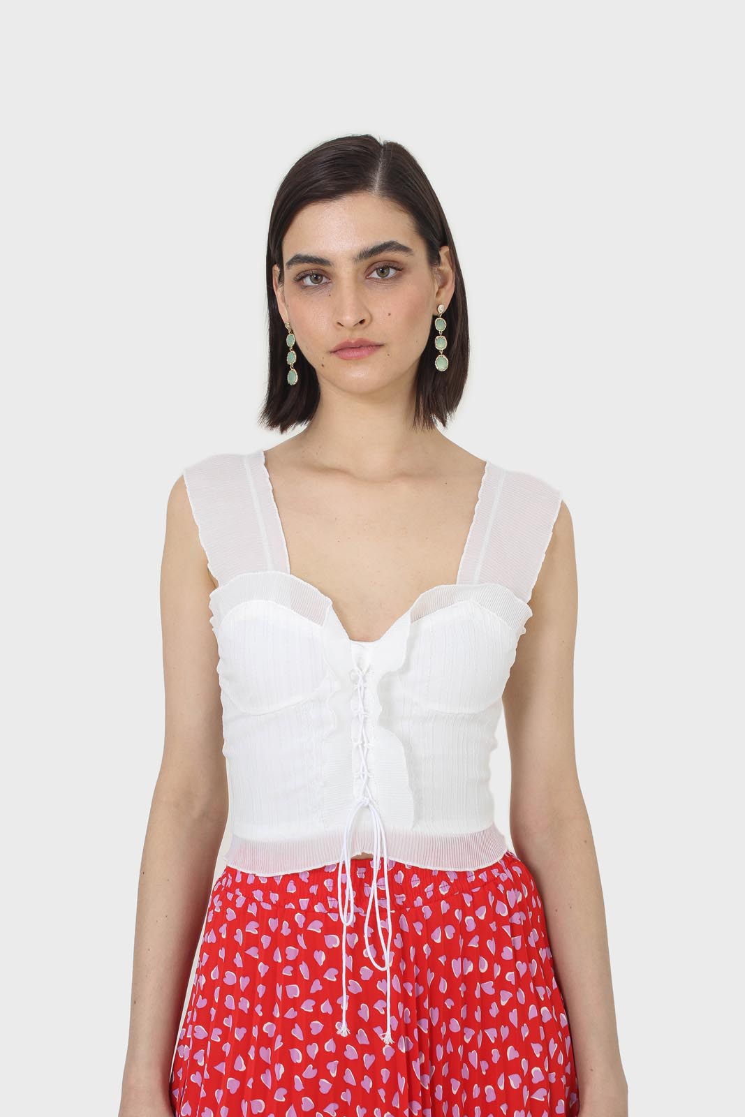 White chiffon trim lace up front tank top