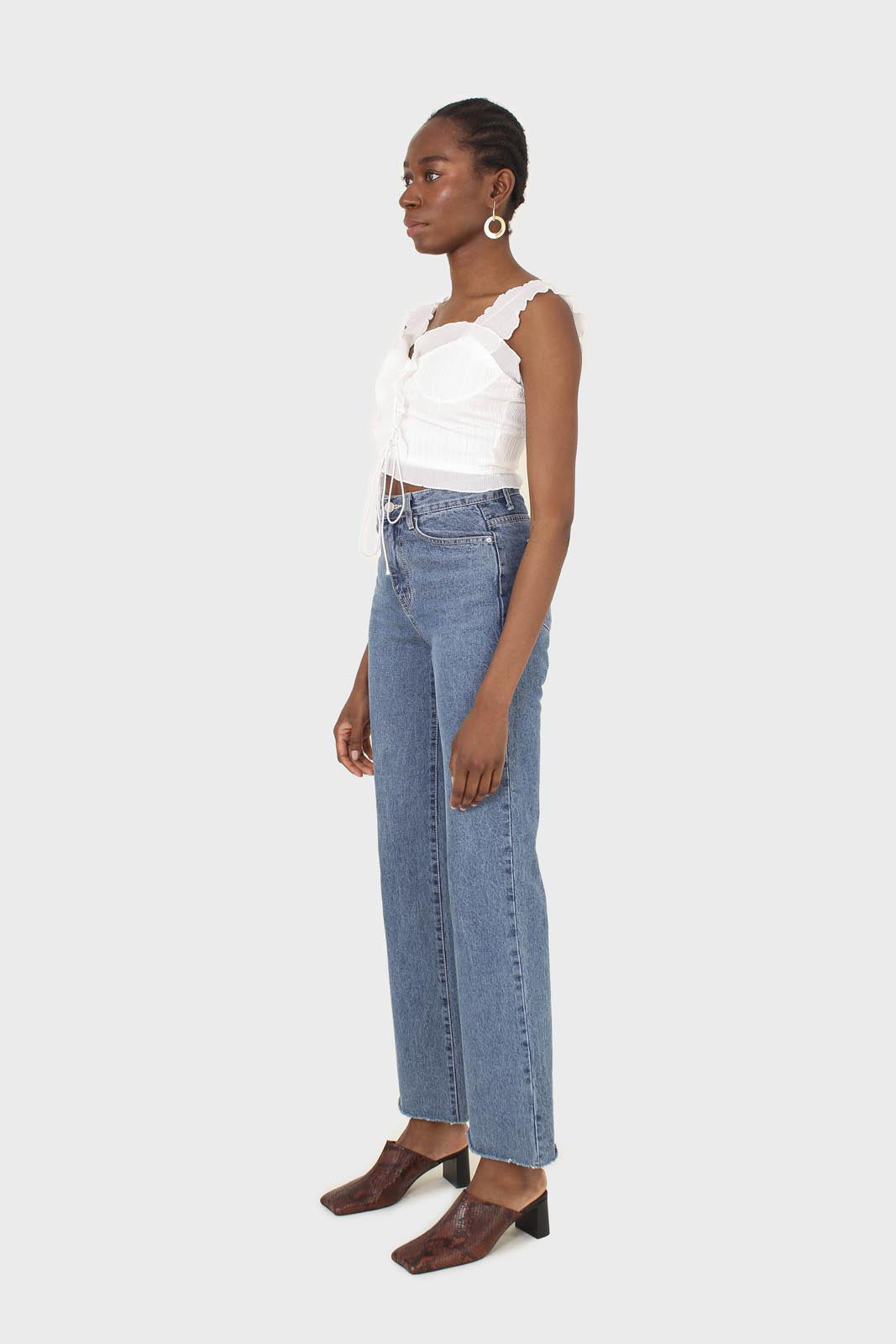 White chiffon trim lace up front tank top