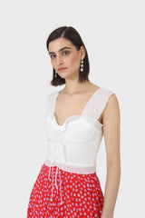 White chiffon trim lace up front tank top