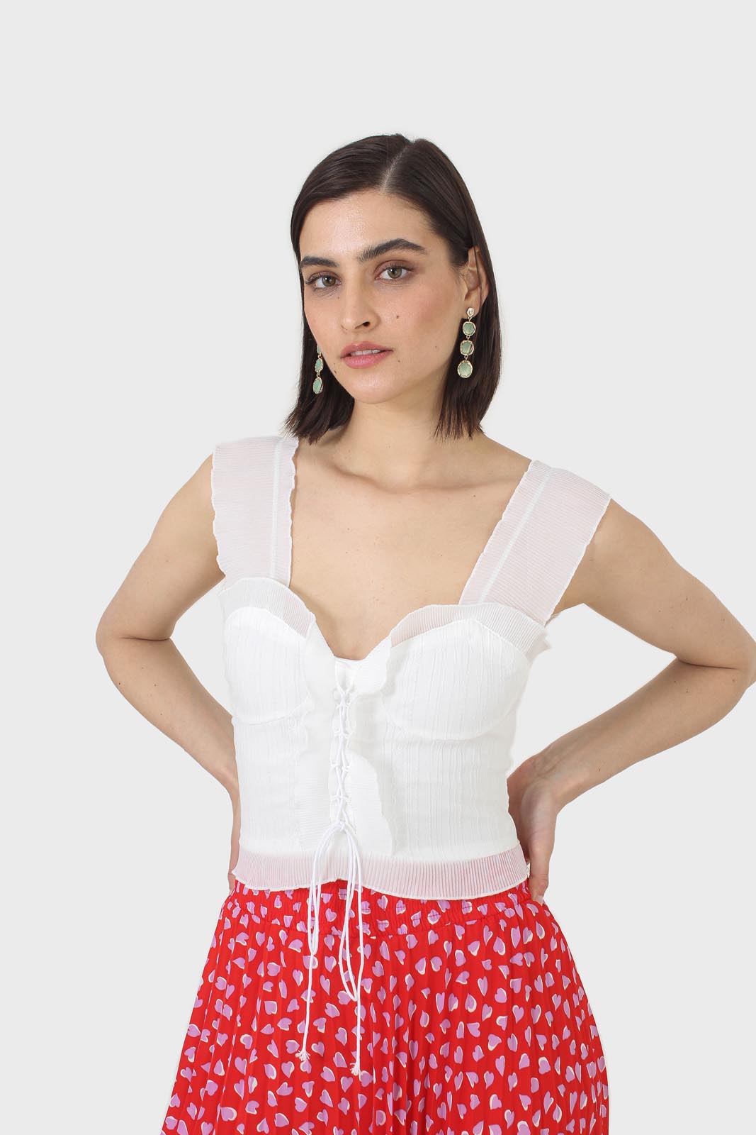 White chiffon trim lace up front tank top