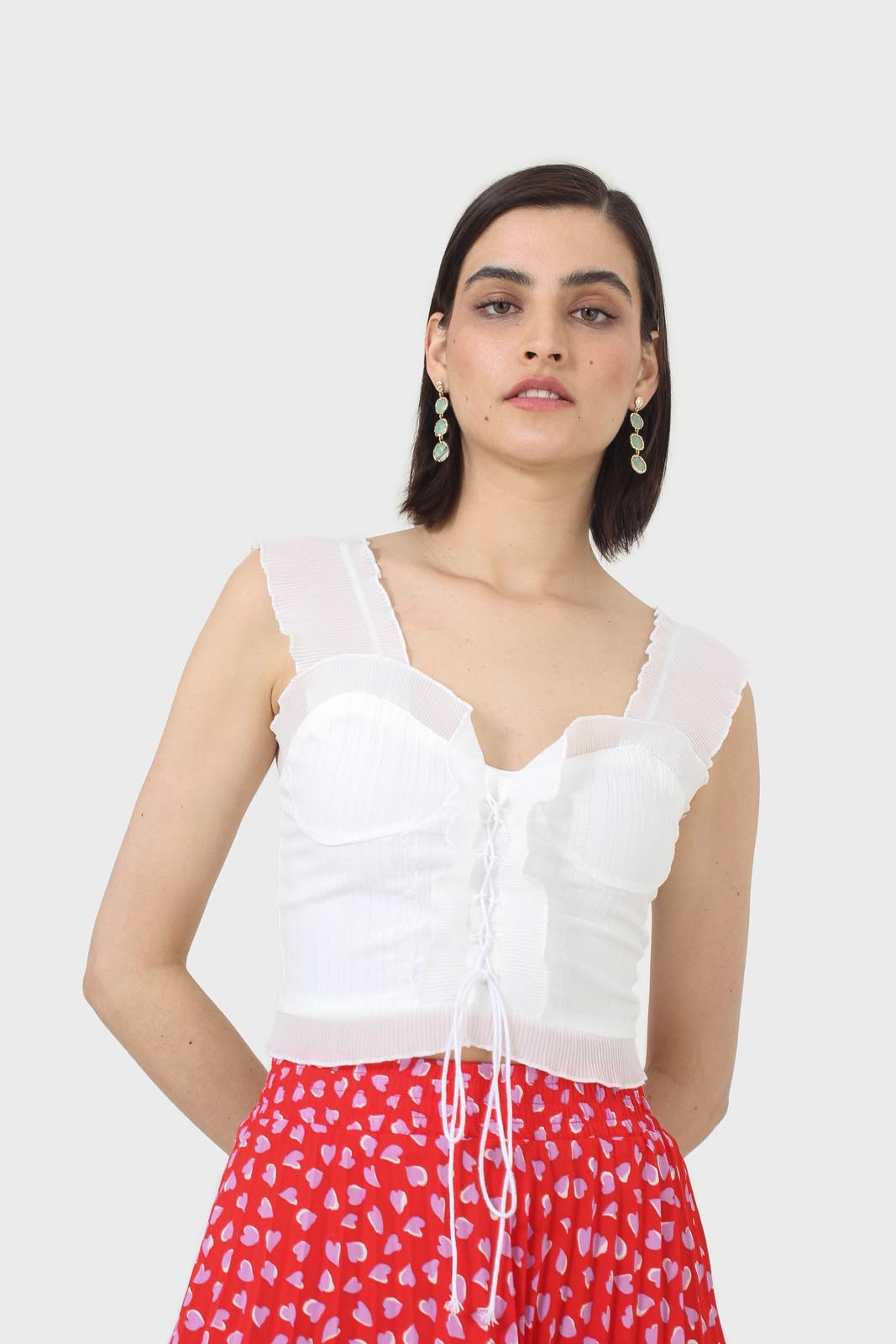 White chiffon trim lace up front tank top