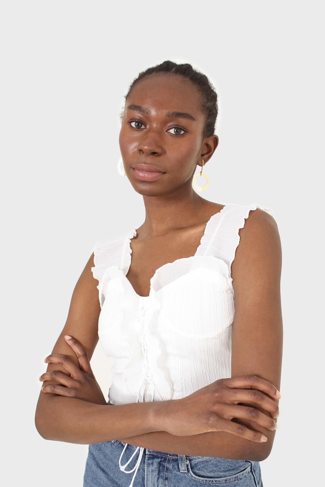 White chiffon trim lace up front tank top