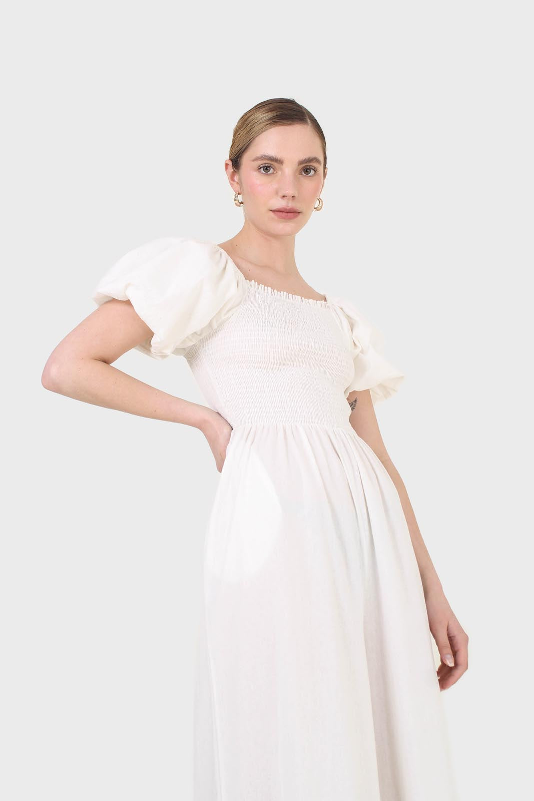 White short sleeved ruched bodice jumpsuit