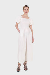 White short sleeved ruched bodice jumpsuit