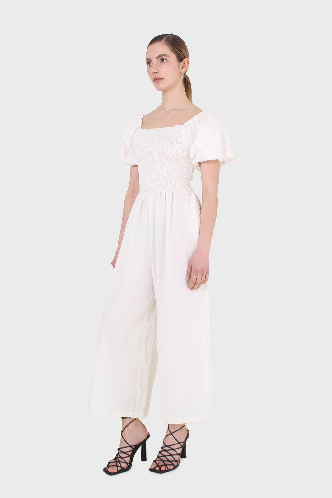 White short sleeved ruched bodice jumpsuit