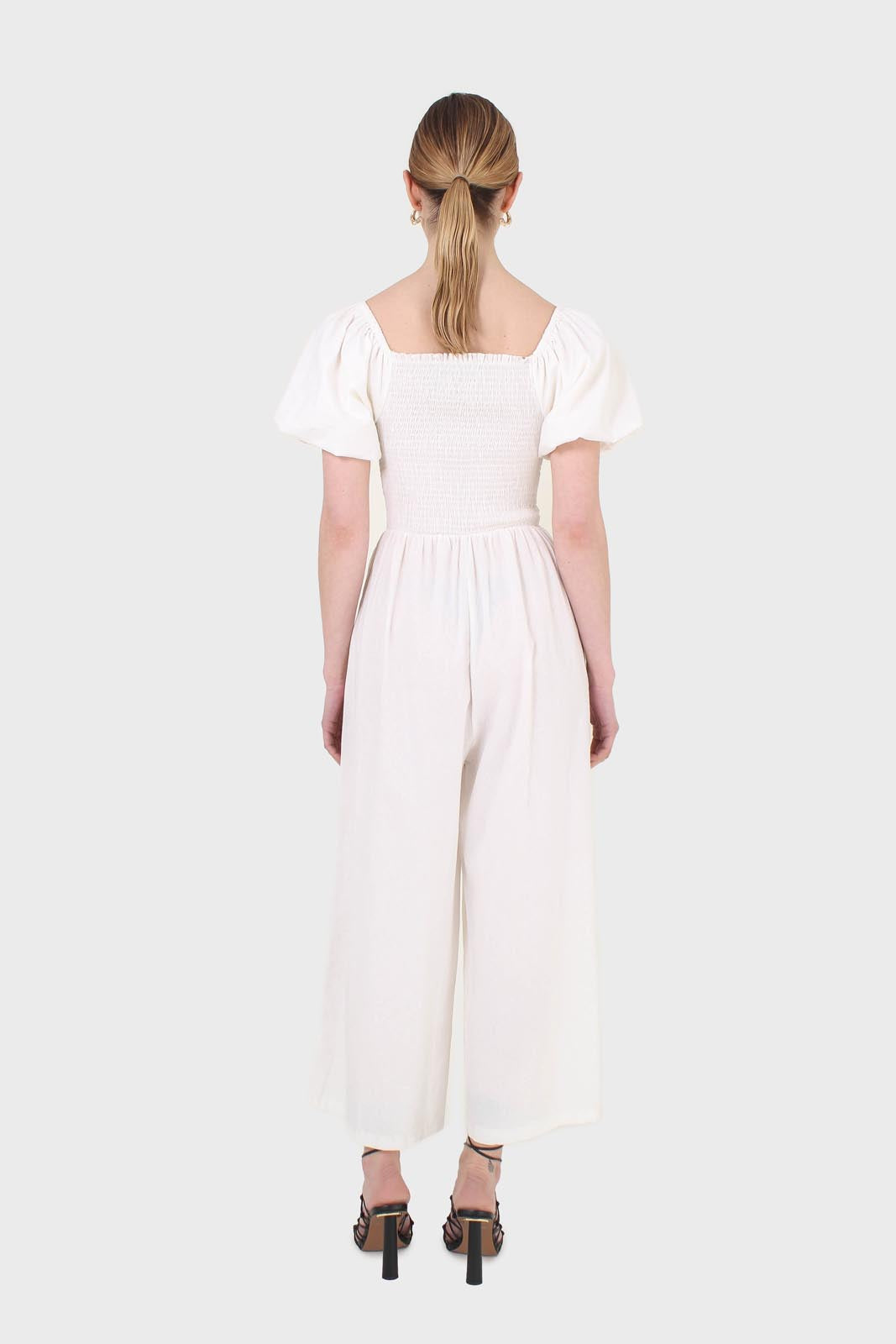 White short sleeved ruched bodice jumpsuit