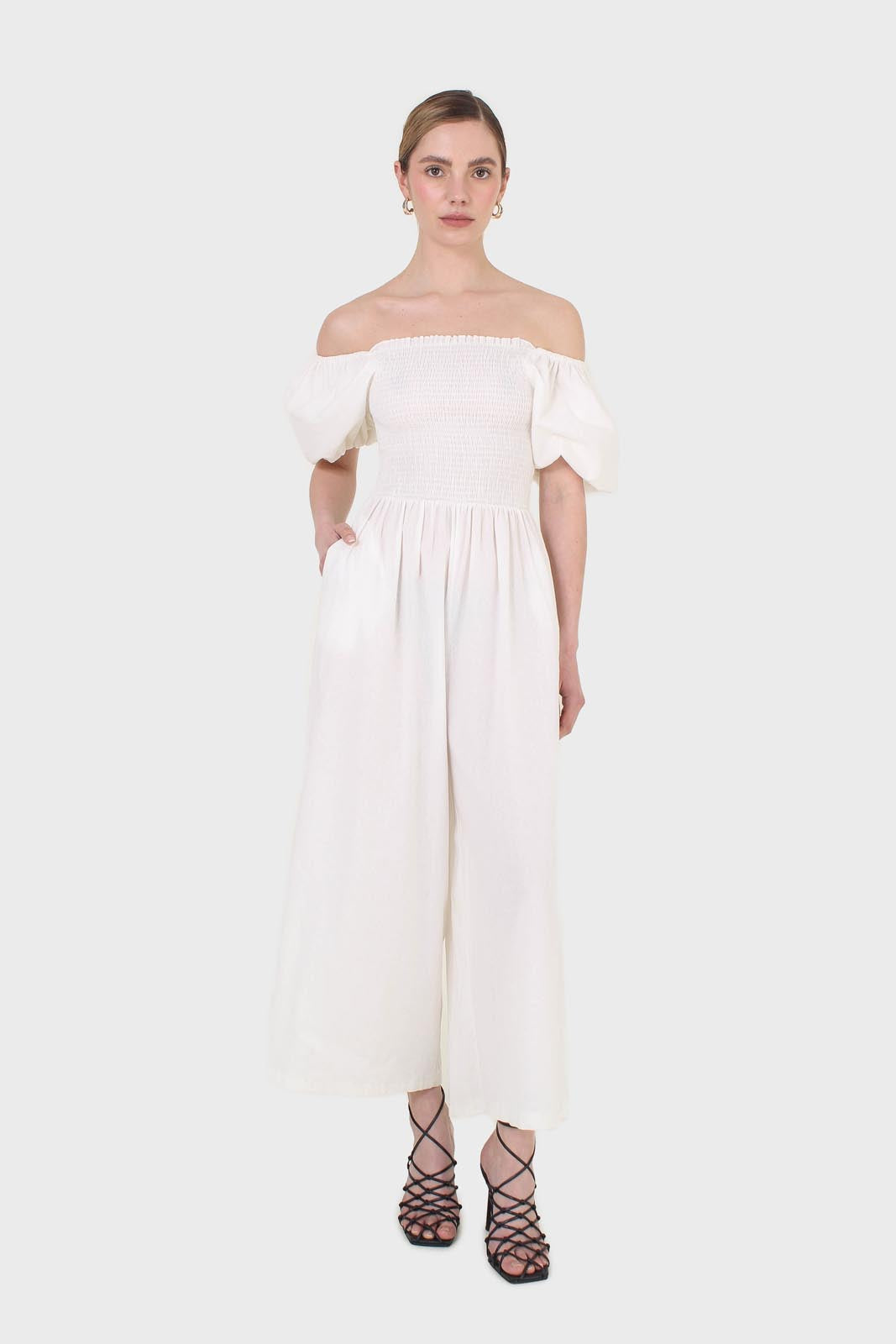 White short sleeved ruched bodice jumpsuit