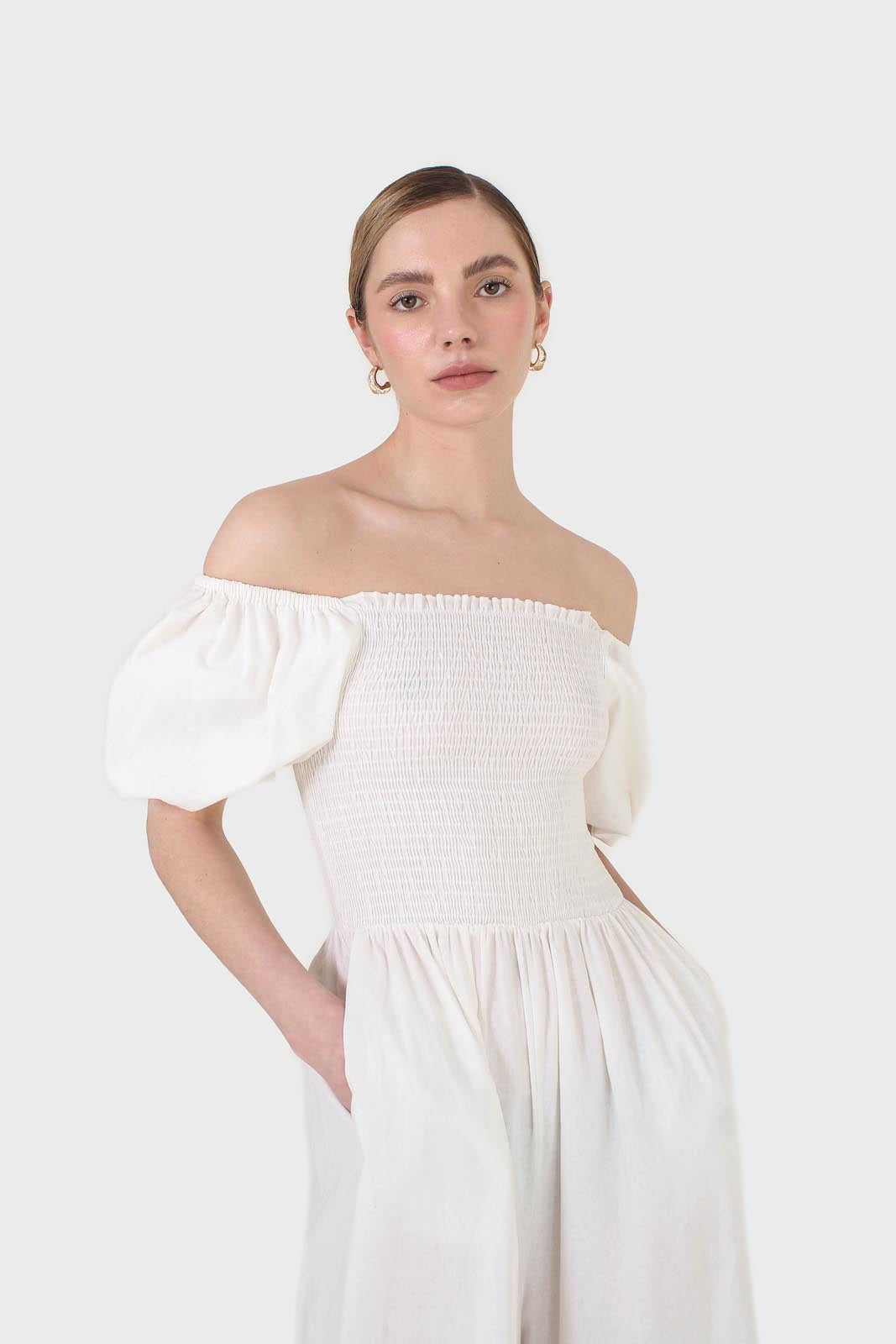 White short sleeved ruched bodice jumpsuit