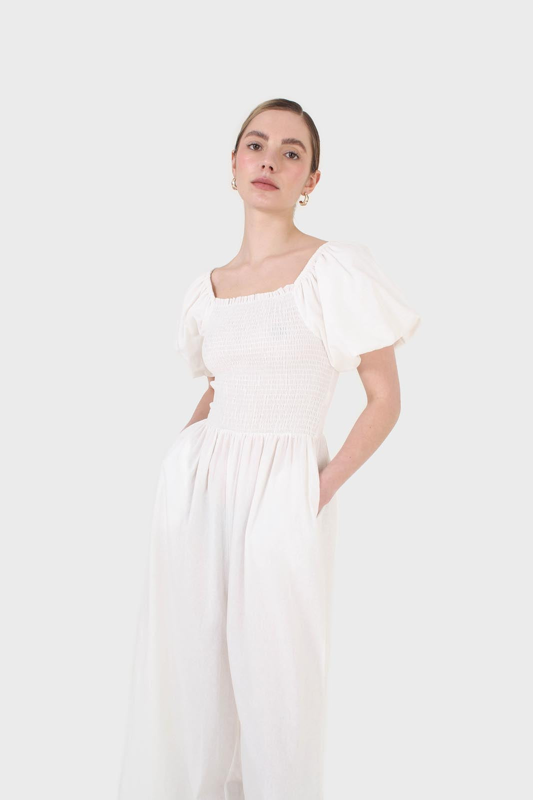 White short sleeved ruched bodice jumpsuit
