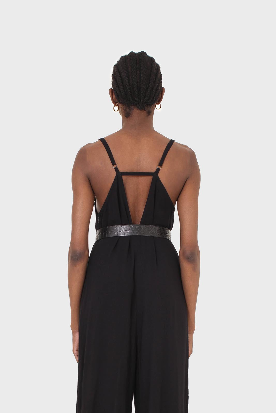 Black deep V spaghetti strap jumpsuit