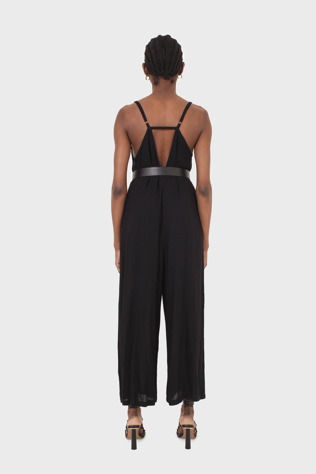 Black deep V spaghetti strap jumpsuit