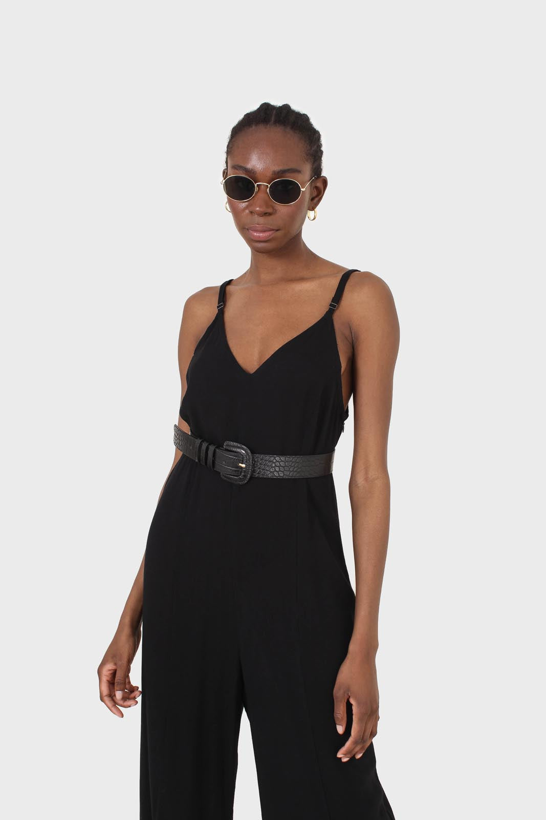 Black deep V spaghetti strap jumpsuit