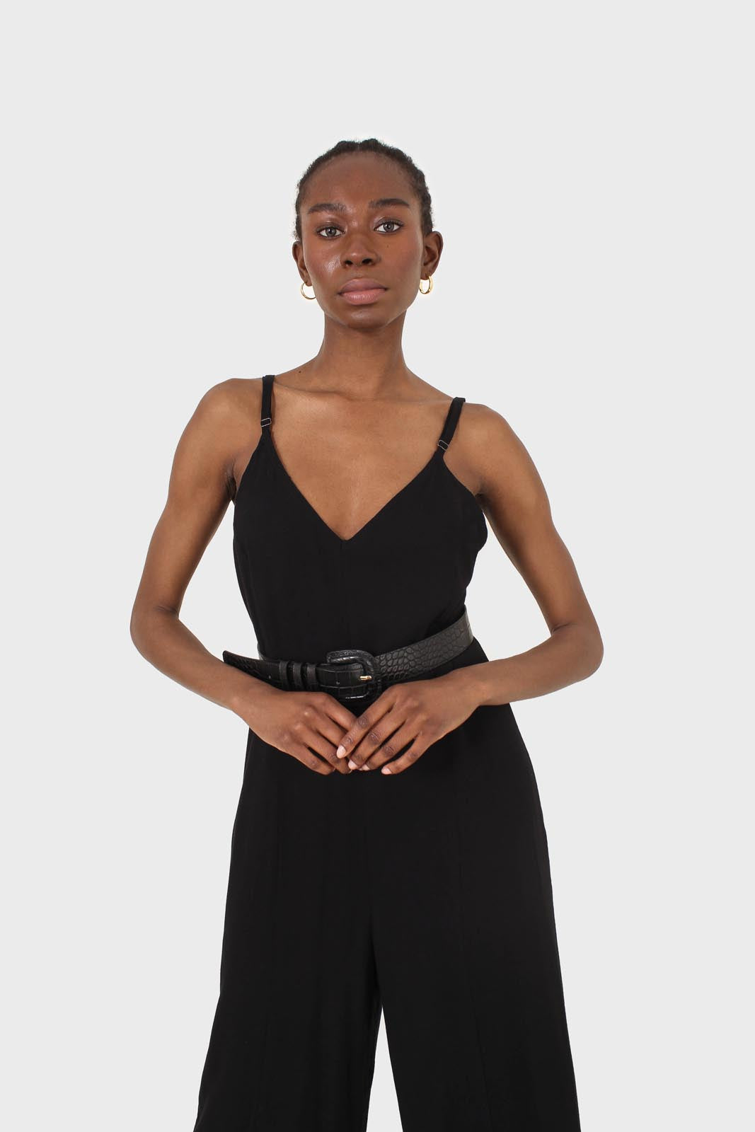 Black deep V spaghetti strap jumpsuit