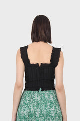 Black chiffon trim lace up front tank top