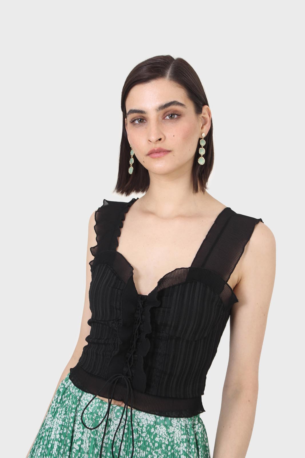 Black chiffon trim lace up front tank top