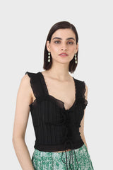 Black chiffon trim lace up front tank top