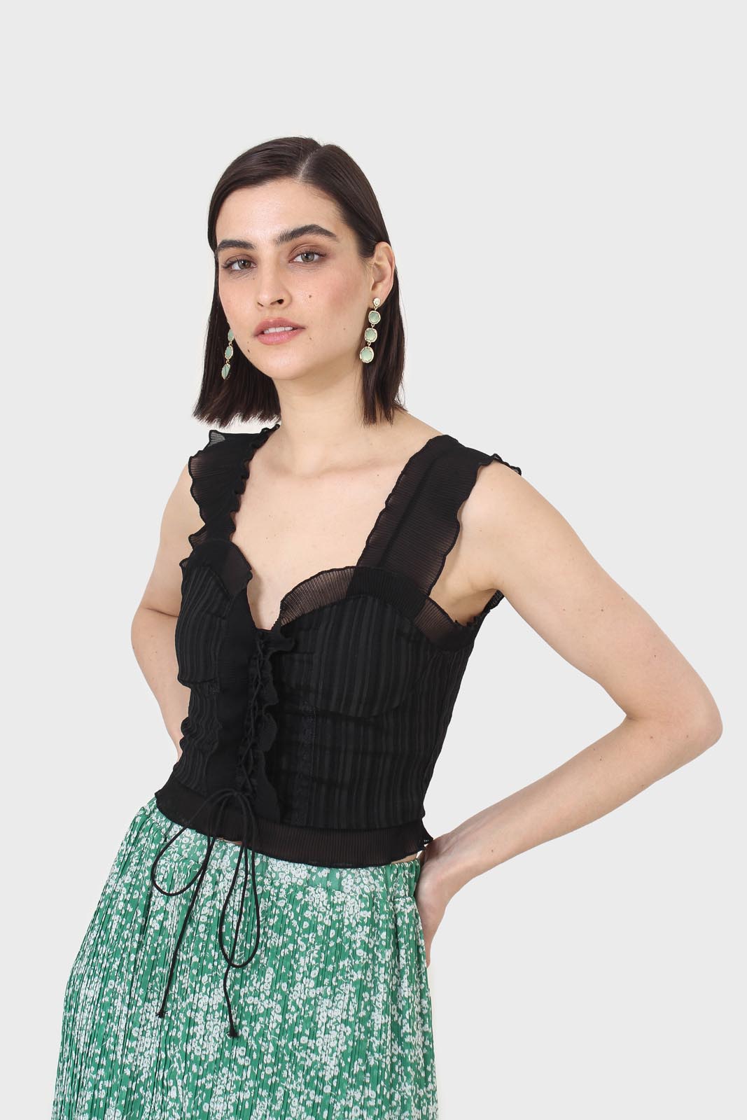 Black chiffon trim lace up front tank top