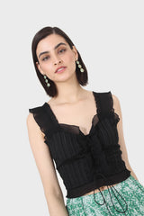 Black chiffon trim lace up front tank top
