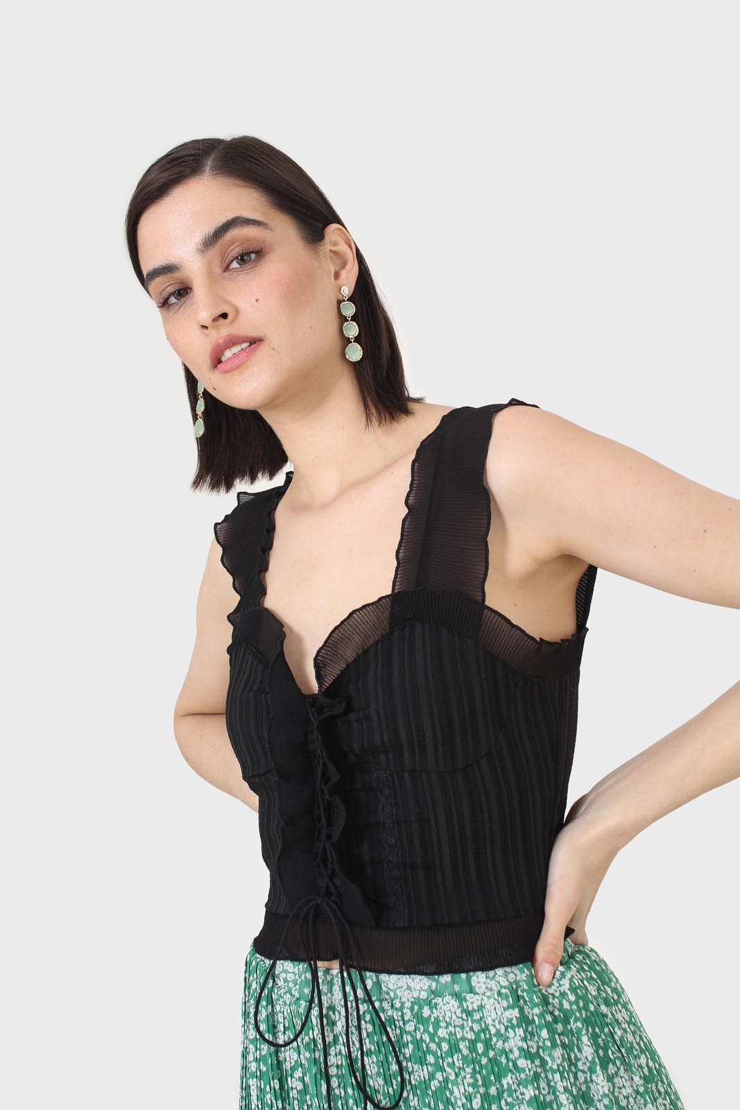 Black chiffon trim lace up front tank top