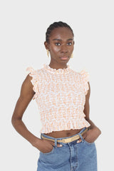 Ivory and bright orange floral print ruched tank