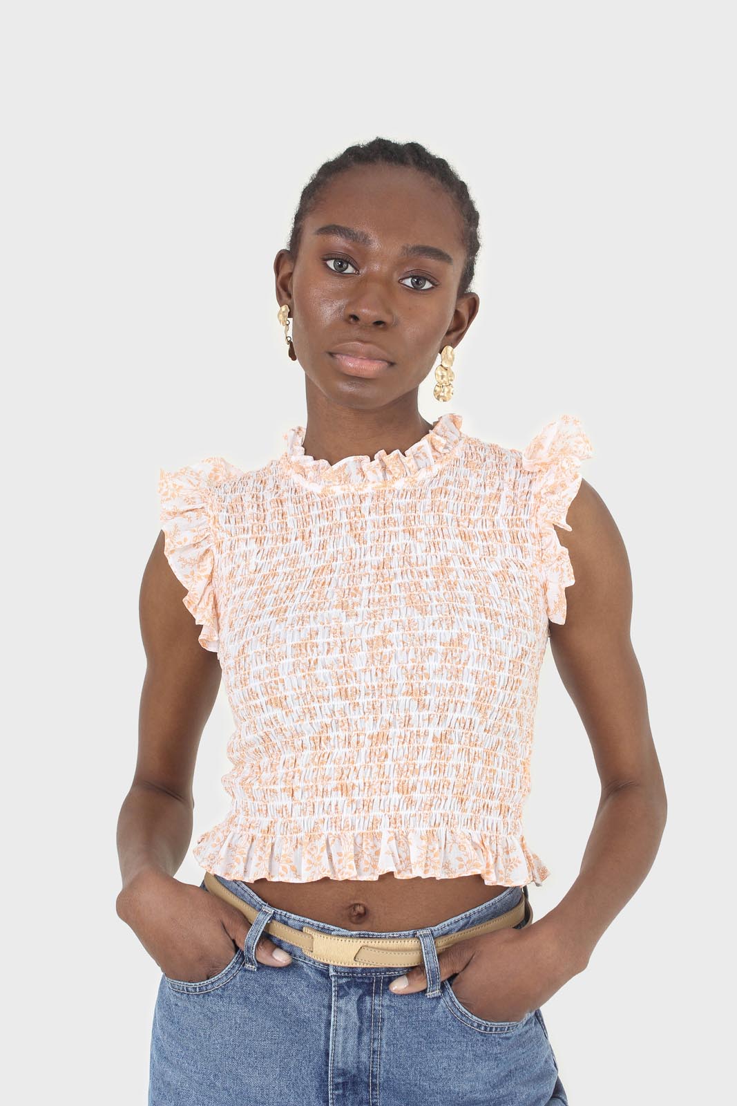 Ivory and bright orange floral print ruched tank