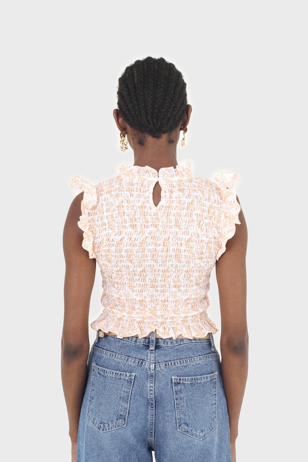 Ivory and bright orange floral print ruched tank