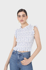Ivory and blue floral print ruched tank