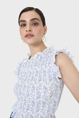 Ivory and blue floral print ruched tank