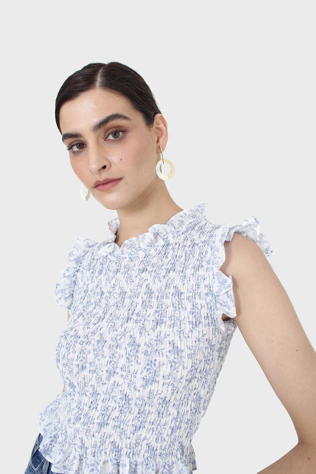 Ivory and blue floral print ruched tank