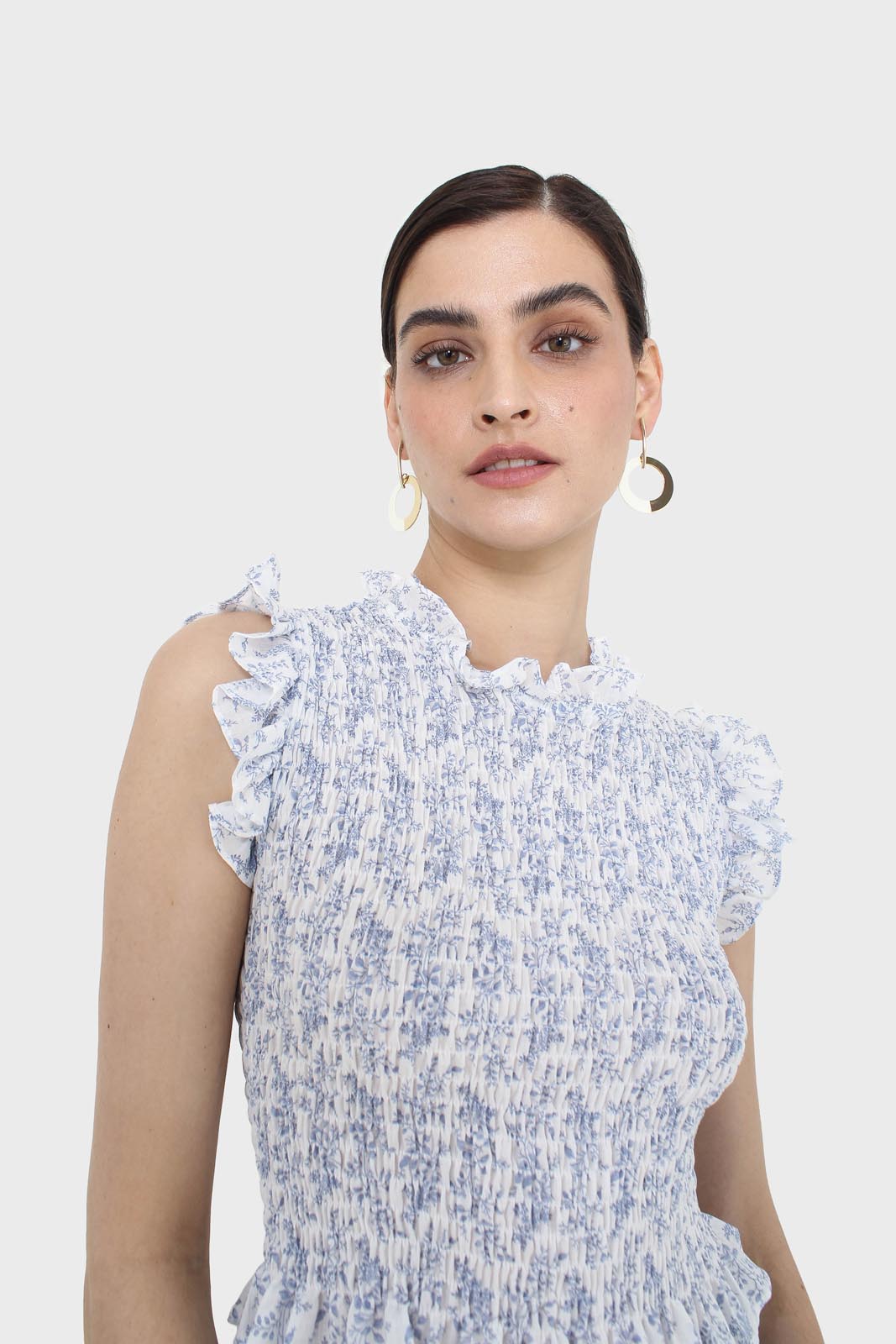 Ivory and blue floral print ruched tank