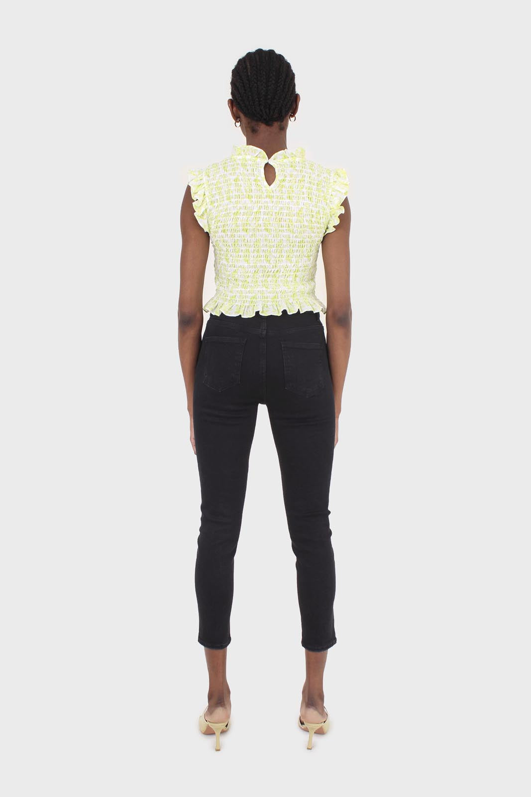 Ivory and bright green floral print ruched tank