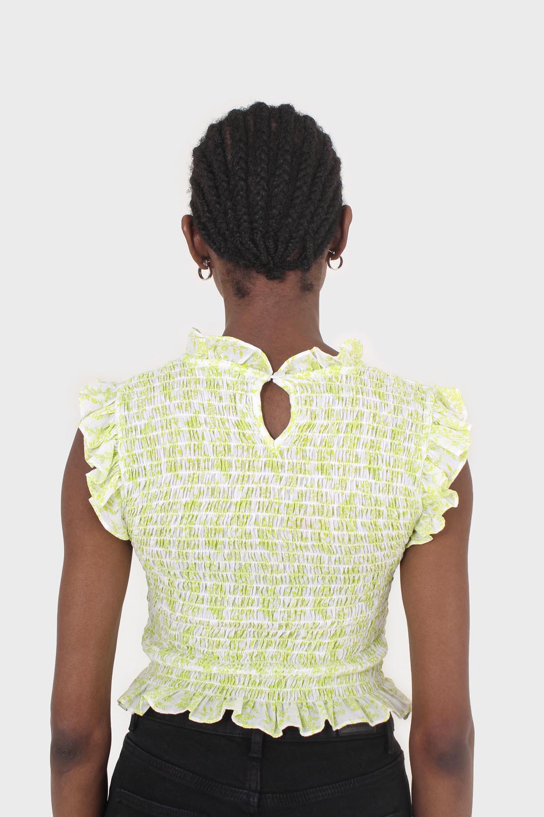 Ivory and bright green floral print ruched tank