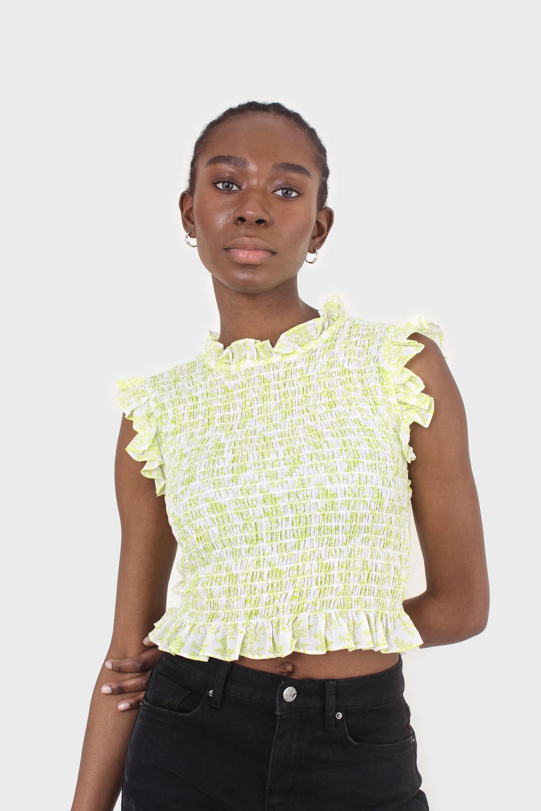 Ivory and bright green floral print ruched tank