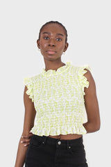 Ivory and bright green floral print ruched tank