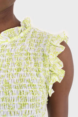 Ivory and bright green floral print ruched tank
