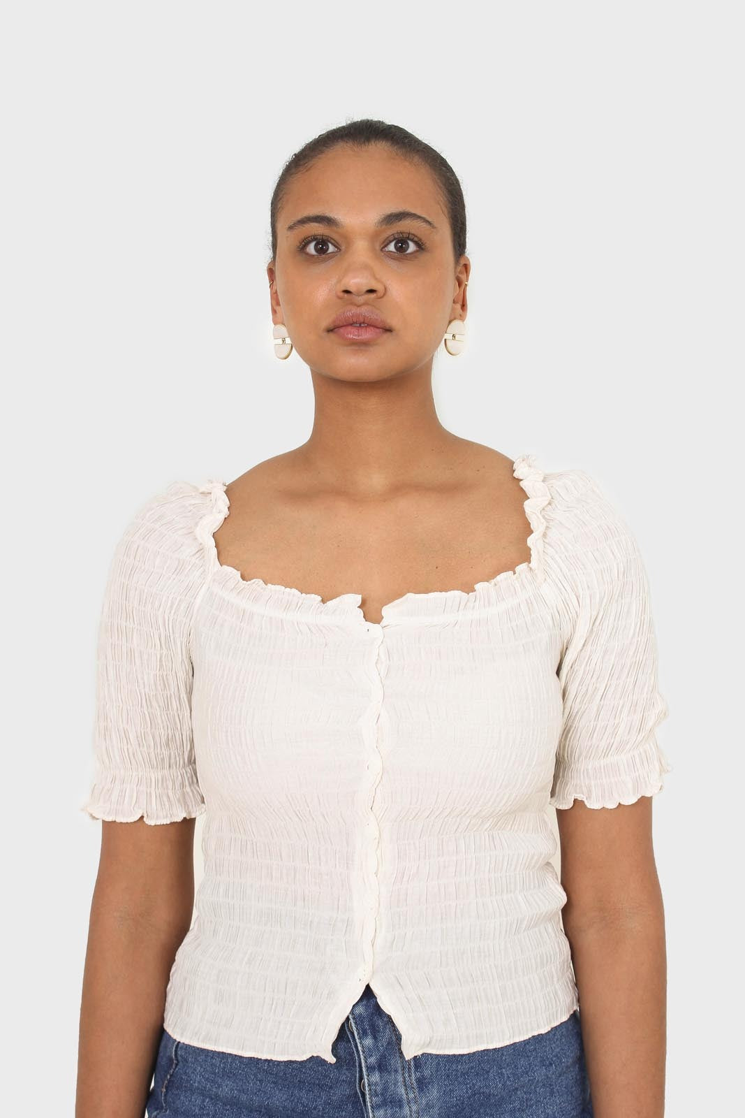 Ivory square neck smocked short sleeved blouse